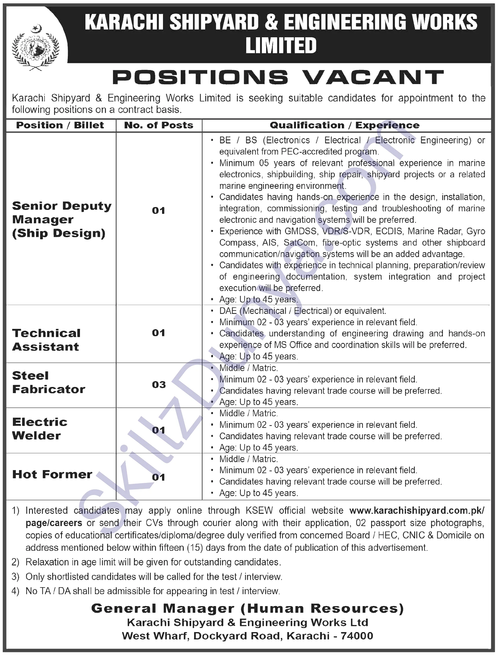 Karachi Shipyard & Engineering Works (KSEW) Jobs 2026 — Senior Deputy Manager, Steel Fabricator & 3 More Posts — Official Newspaper Advertisement | SkillzDunya