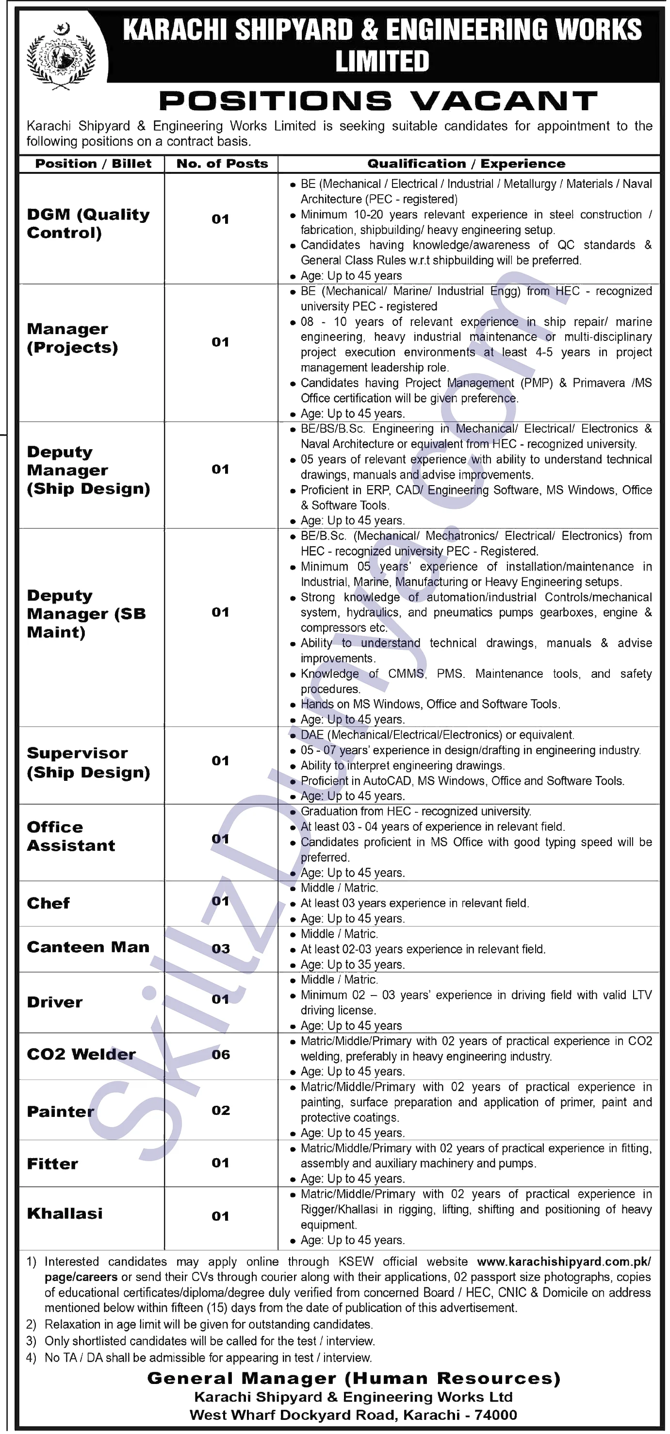 Karachi Shipyard and Engineering Works (KSEW) Jobs 2026 — CO2 Welder, Canteen Man & 11 More Posts — Official Newspaper Advertisement | SkillzDunya