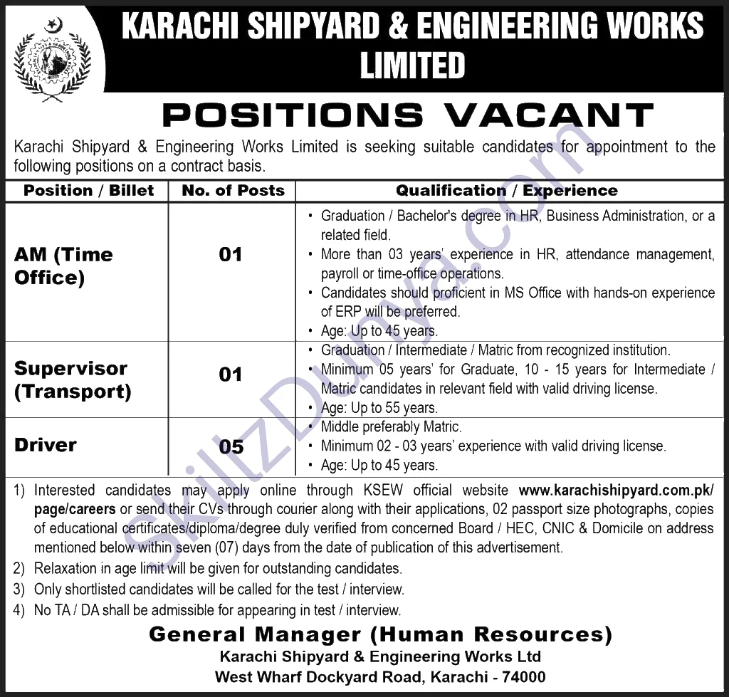 Karachi Shipyard and Engineering Works (KSEW) Jobs 2026 — Driver, AM (Time Office), Supervisor (Transport) — Official Newspaper Advertisement | SkillzDunya