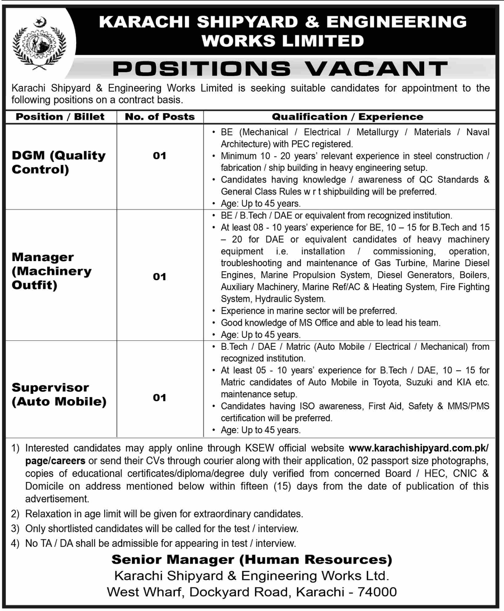 Karachi Shipyard and Engineering Works (KSEW) Jobs 2026 — DGM (Quality Control), Manager (Machinery Outfit), Supervisor (Auto Mobile) 2026 — Official Newspaper Advertisement | SkillzDunya