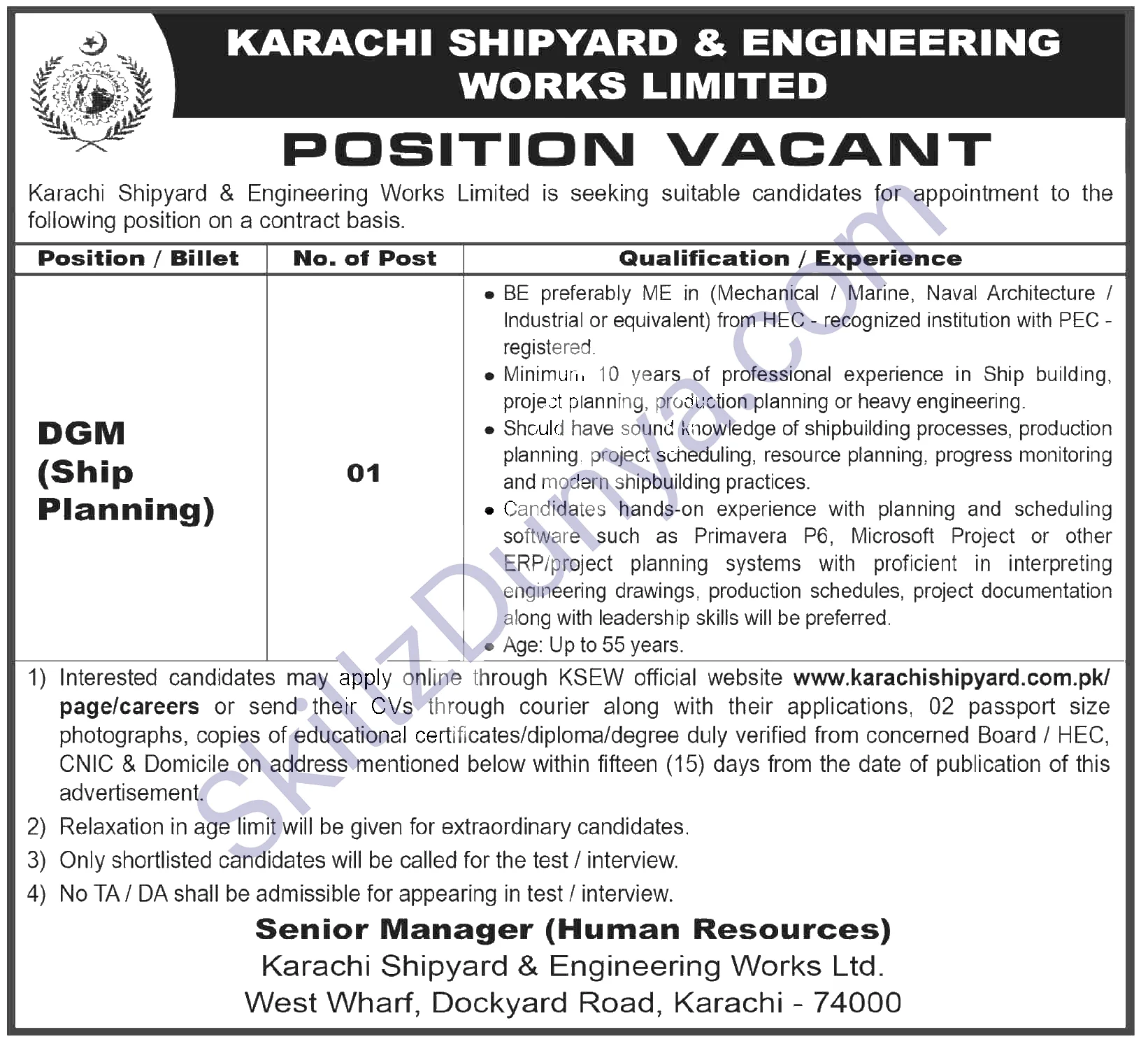 Karachi Shipyard and Engineering Works (KSEW) Jobs 2026 — DGM (Ship Planning) — Official Newspaper Advertisement | SkillzDunya