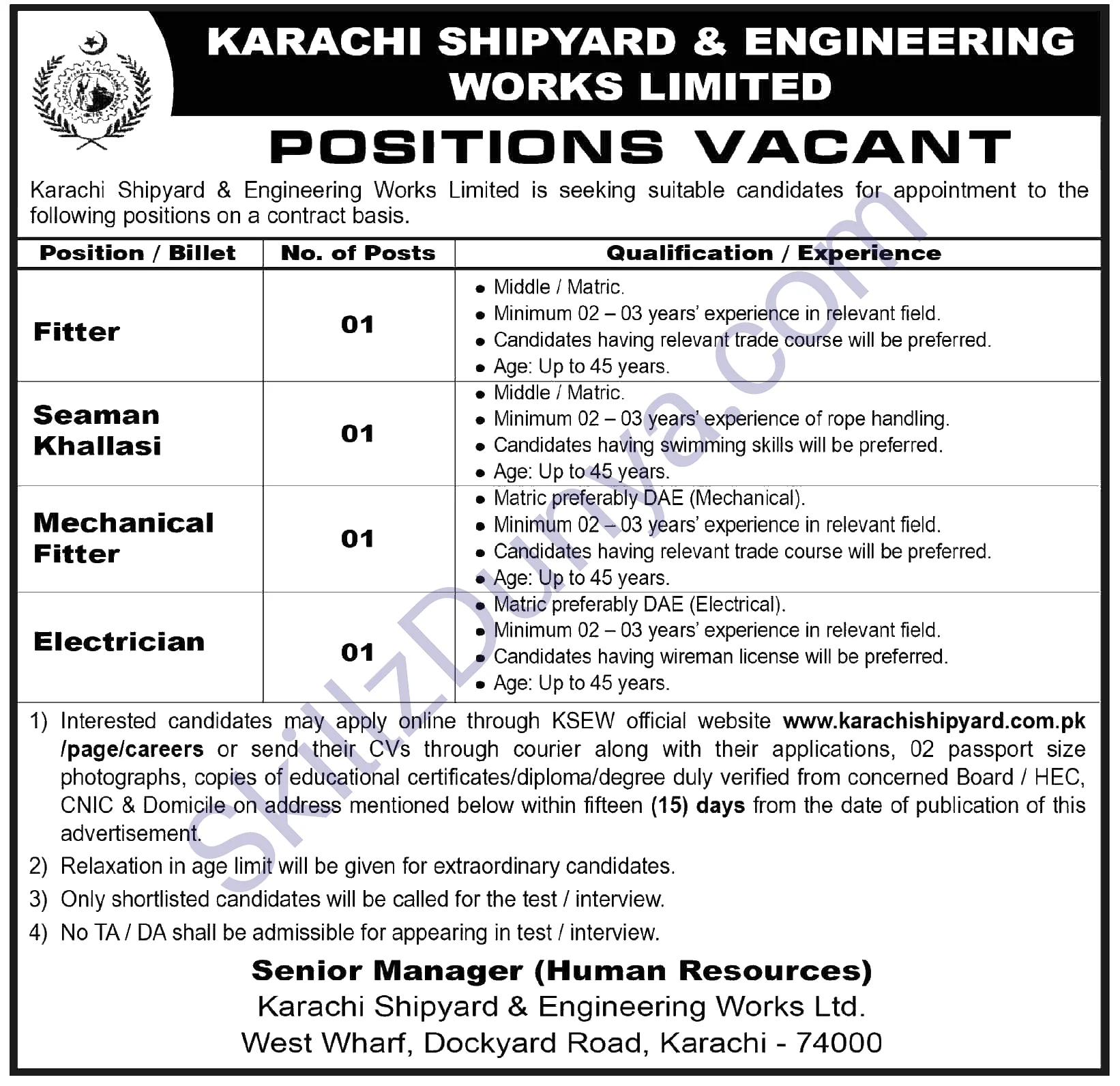 Karachi Shipyard and Engineering Works (KSEW) Jobs 2026 — Fitter, Seaman Khallasi & 2 More Posts — Official Newspaper Advertisement | SkillzDunya