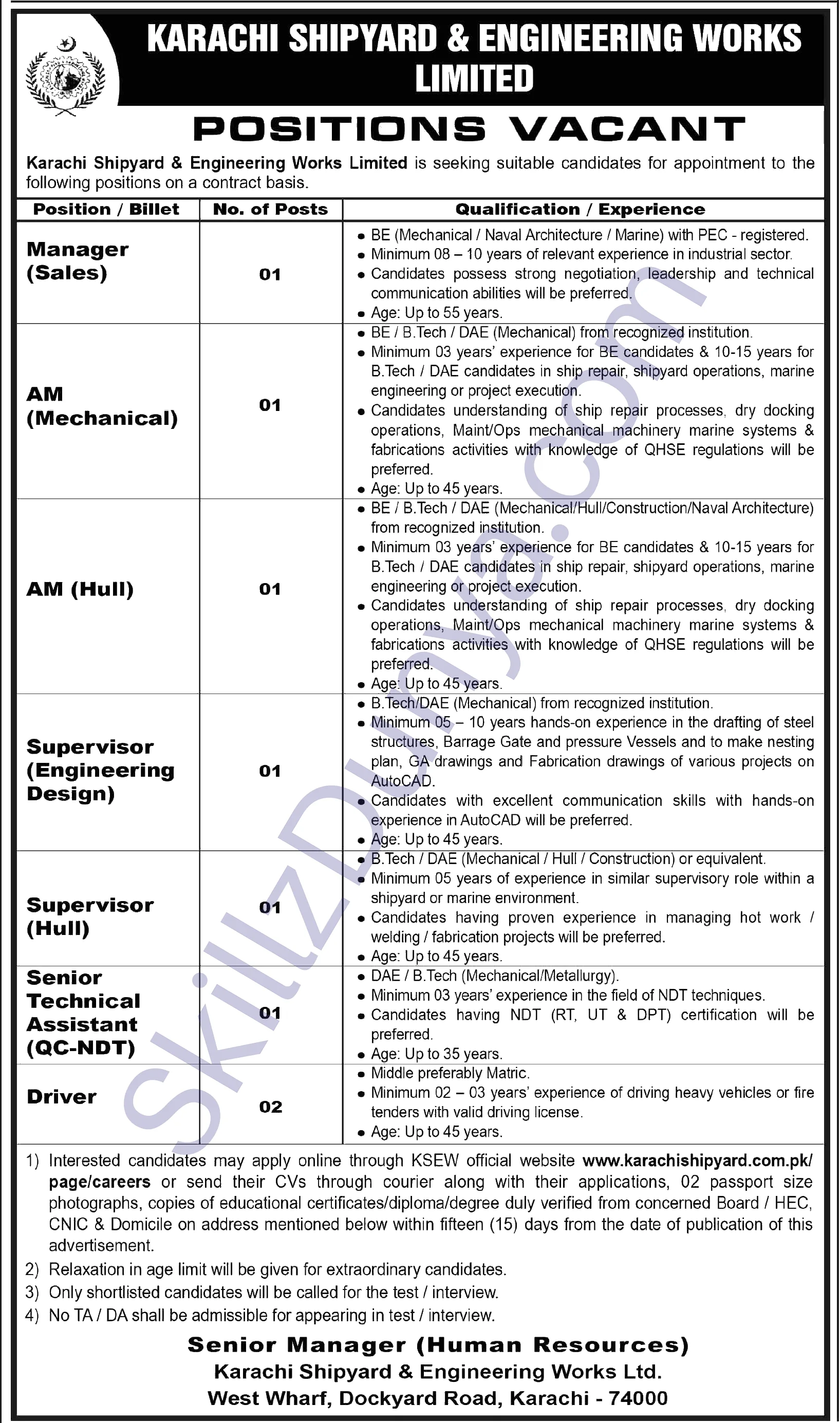 Karachi Shipyard and Engineering Works (KSEW) Jobs 2026 — Drivers, Supervisors, Assistant Managers — Official Newspaper Advertisement | SkillzDunya