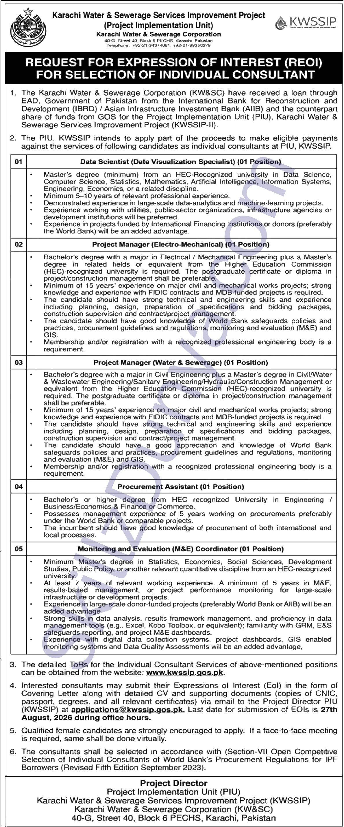 Karachi Water Sewerage Corporation — Karachi Water & Sewerage Corporation Jobs 2026 — Individual Consultants Pakistan