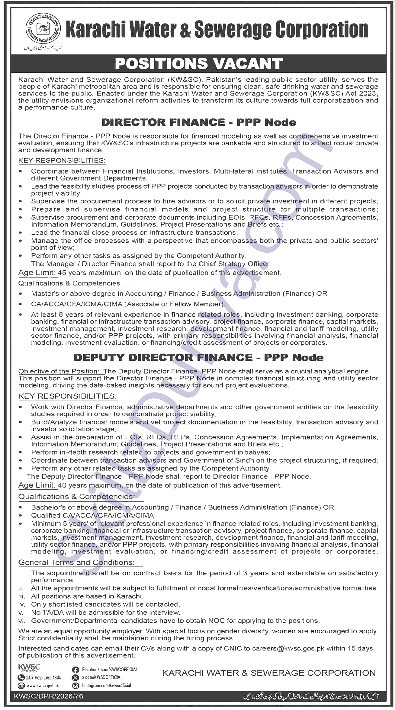Karachi Water Sewerage Corporation — Karachi Water & Sewerage Corporation Jobs 2026 — DIRECTOR FINANCE - PPP Node, DEPUTY DIRECTOR FINANCE - PPP Node Pakistan