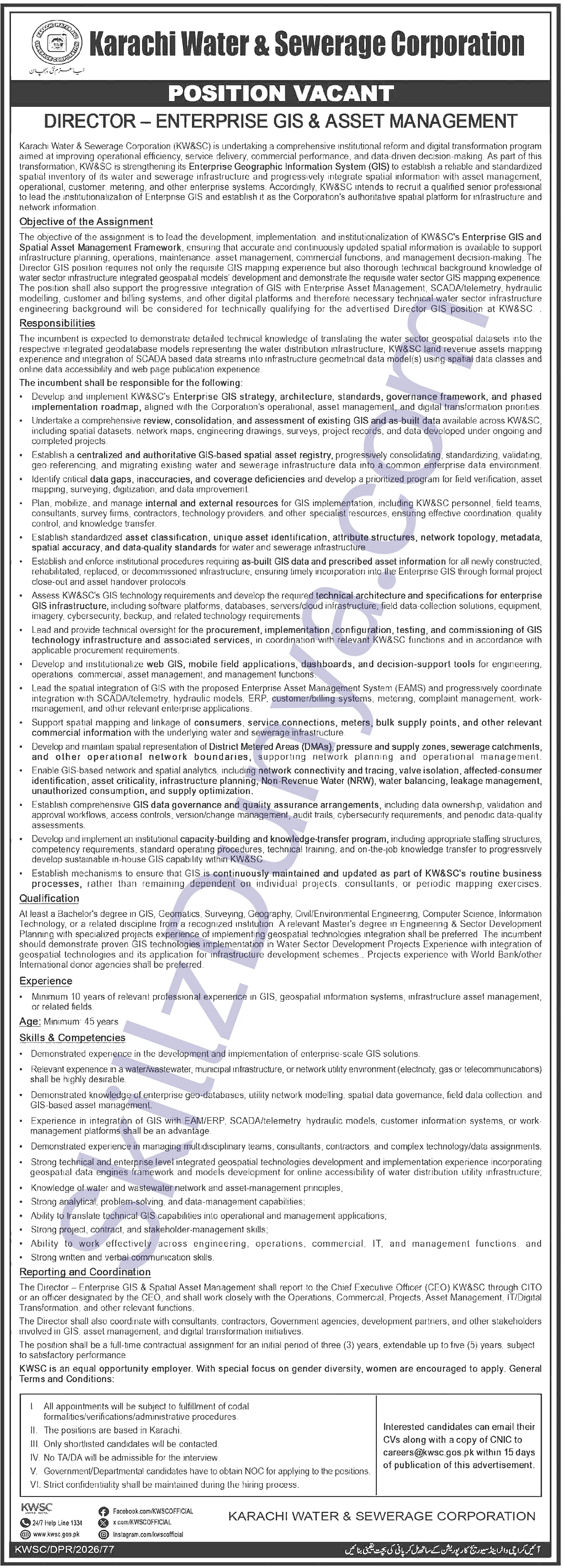 Karachi Water Sewerage Corporation — Karachi Water & Sewerage Corporation Jobs 2026 Pakistan