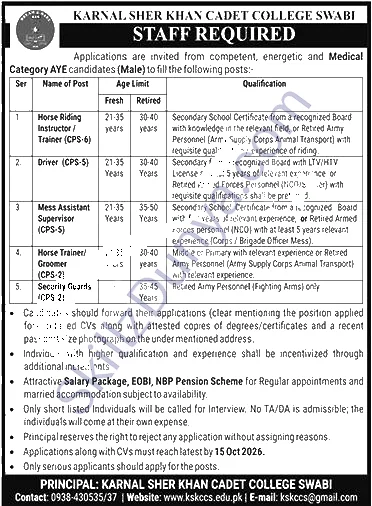 Karnal Sher Khan Cadet College Swabi — Karnal Sher Khan Cadet College Swabi Jobs 2026 — Horse Riding Instructor / Trainer, Driver & 3 More Posts Pakistan