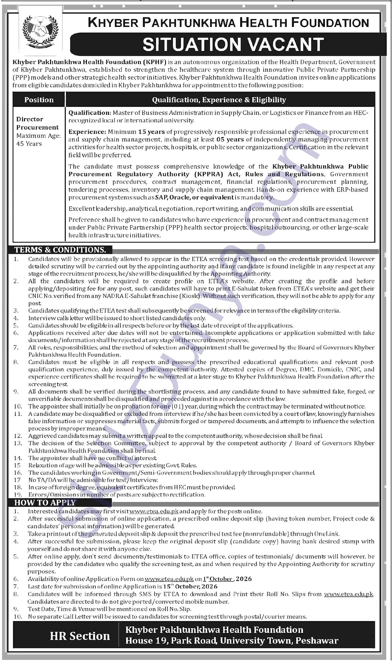 Khyber Pakhtunkhwa Health Foundation Peshawar — KP Health Foundation Peshawar Jobs 2026 — Director Procurement Pakistan