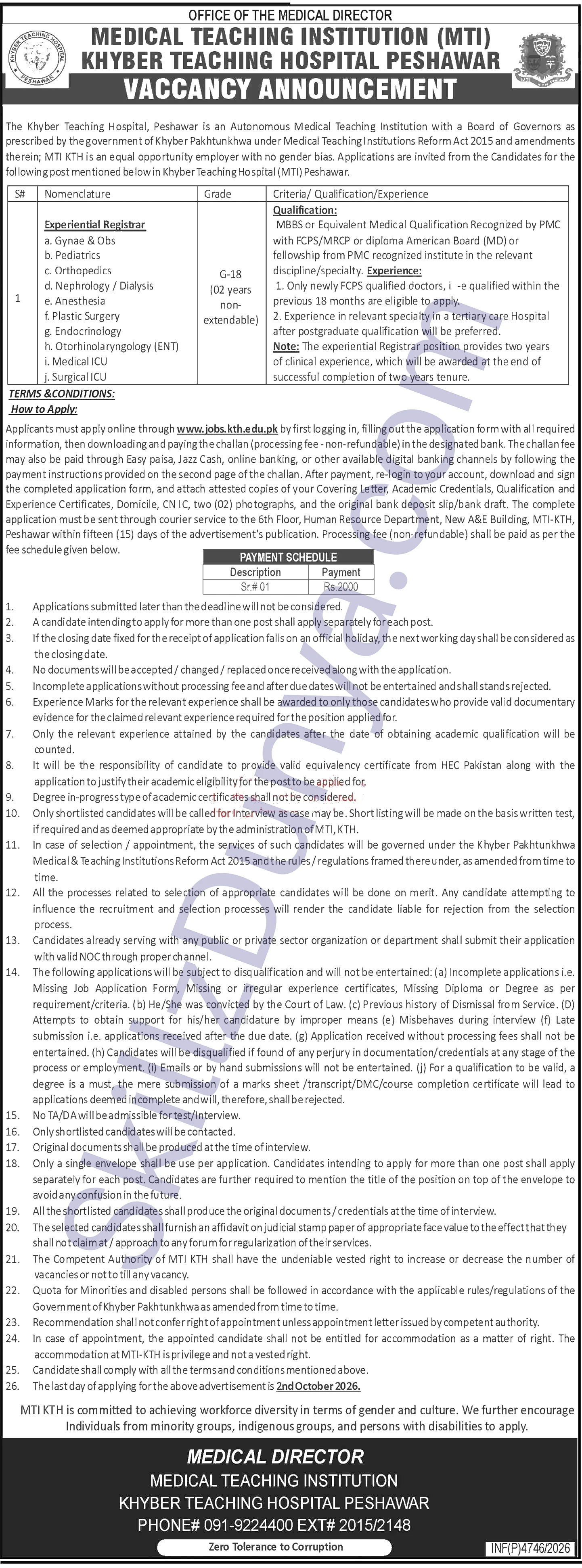 Khyber Teaching Hospital (KTH) Peshawar Jobs 2026 — Experiential Registrar (Gynae & Obs), Experiential Registrar (Pediatrics) & 6 More Posts — Official Newspaper Advertisement | SkillzDunya