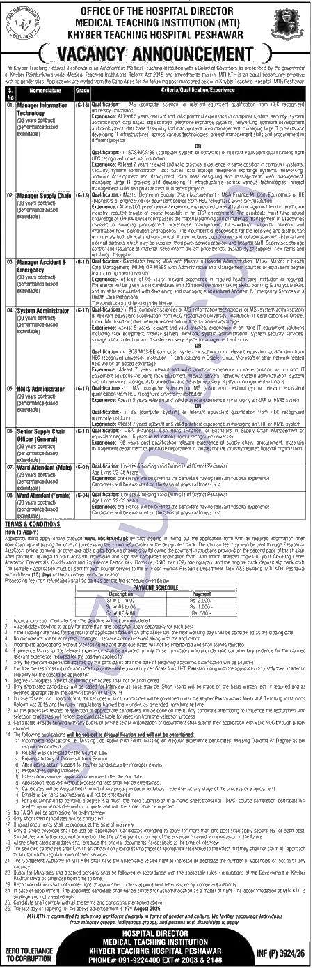 Khyber Teaching Hospital (KTH) Peshawar Jobs 2026 — Manager Information Technology (G-18), Manager Supply Chain (G-18) & 5 More Posts — Official Newspaper Advertisement | SkillzDunya