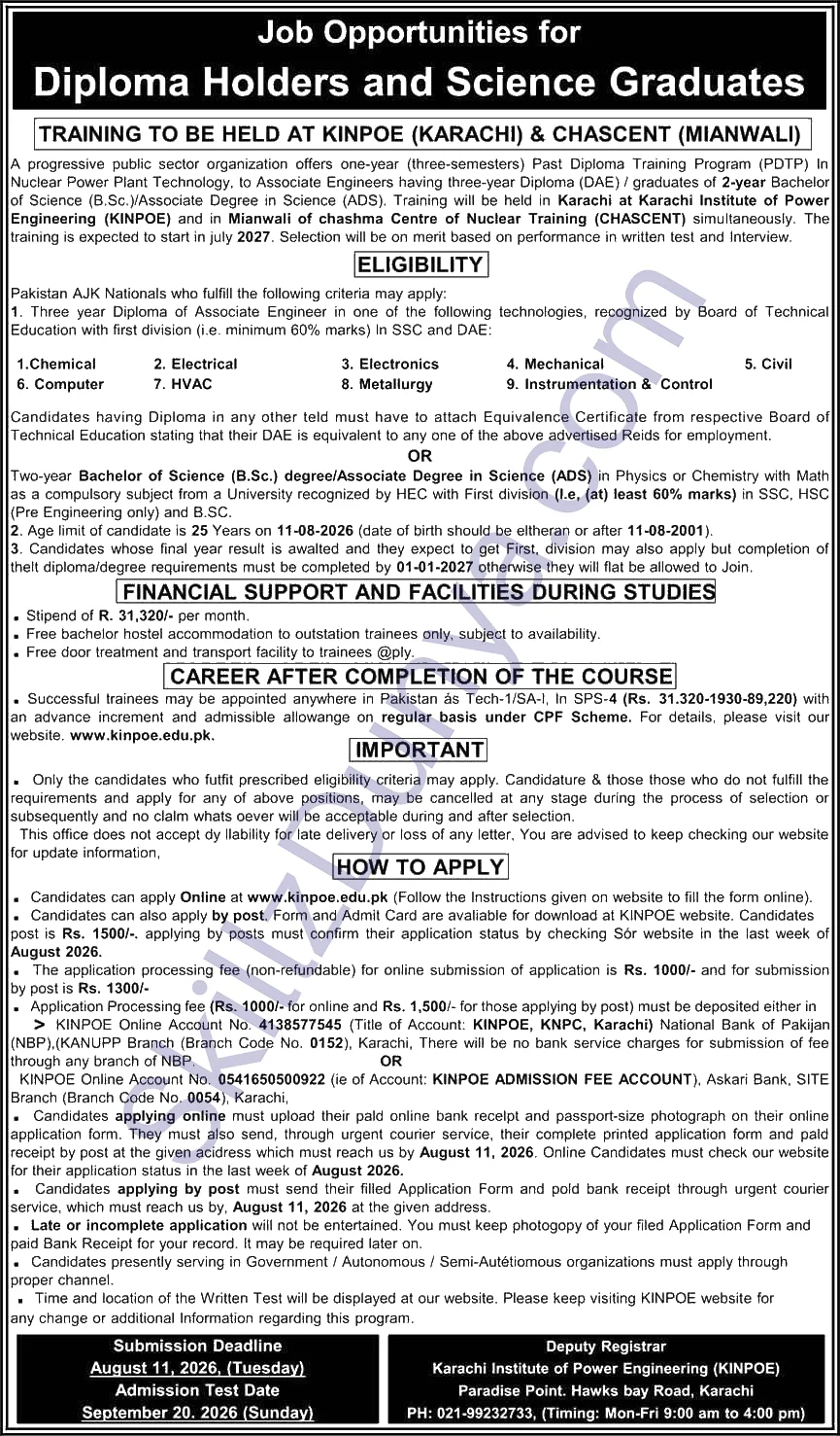 Official Department — KINPOE & CHASCENT PDTP DAE Diploma Holders & Science Graduates Karachi Jobs 2026 Pakistan