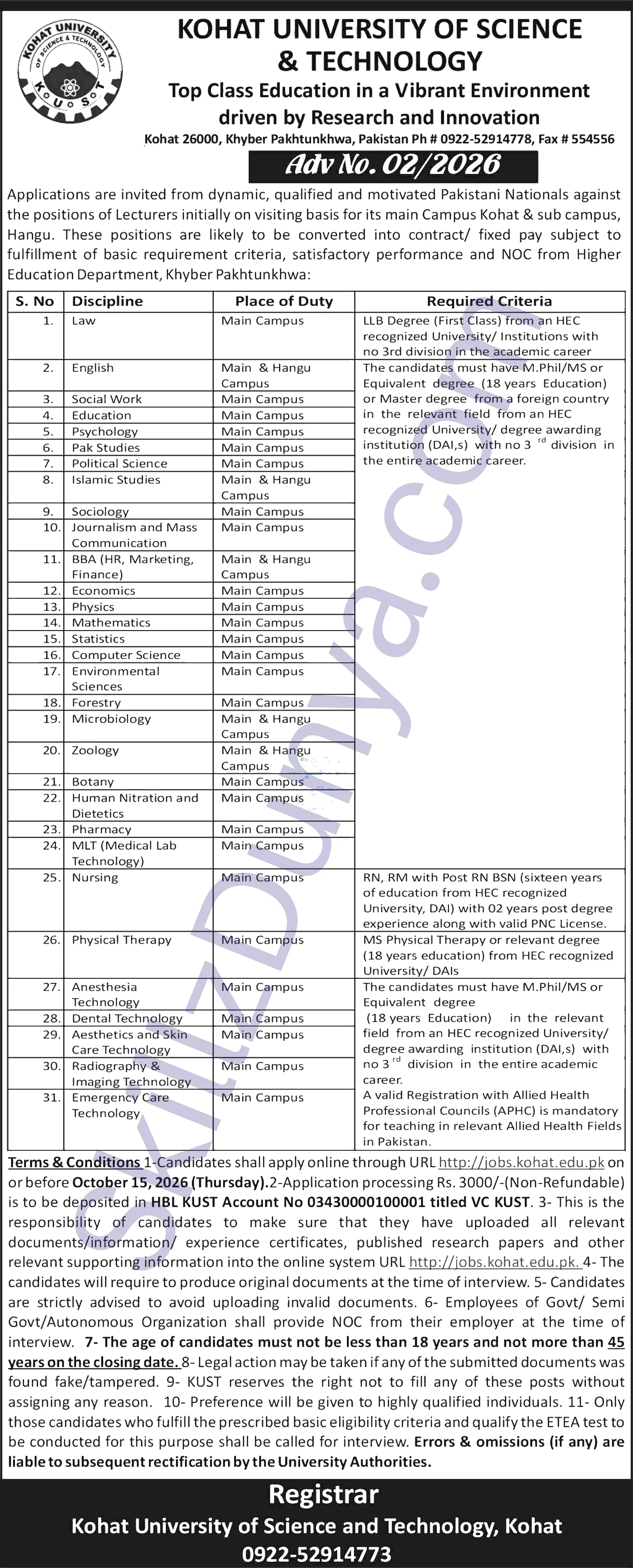 Kohat University Of Science Technology Kust — Kohat University of Science & Technology KUST Jobs 2026 — Lecturer (Law), Lecturer (English) & 27 More Posts Pakistan