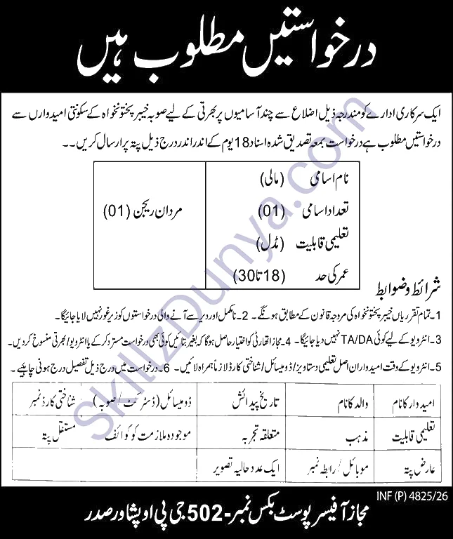 Kp Government Department Po Bx 502 Peshawar — KP Government Department PO Bx 502 Peshawar Jobs 2026 — Mali (Gardener) Pakistan