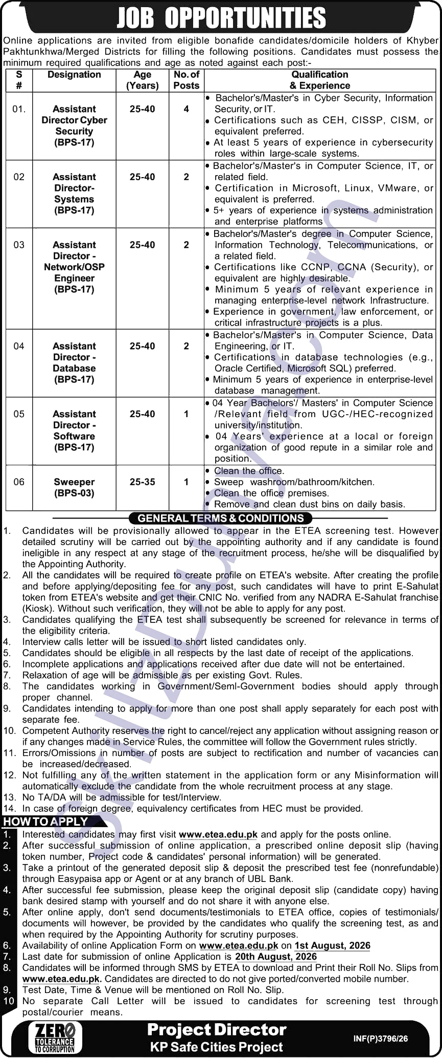 KP Safe City Project (KPSC) Jobs 2026 — Assistant Directors, Sweeper ETEA — Official Newspaper Advertisement | SkillzDunya