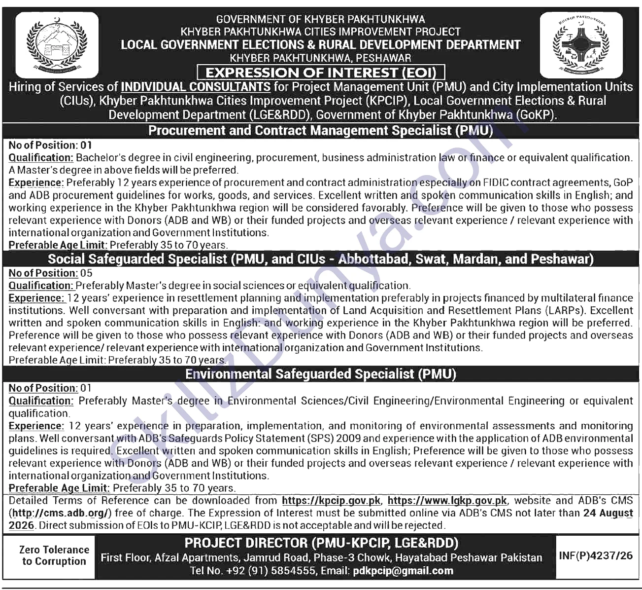 KPK Cities Improvement Project KPCIP Jobs 2026 — Individual Consultants — Official Newspaper Advertisement | SkillzDunya