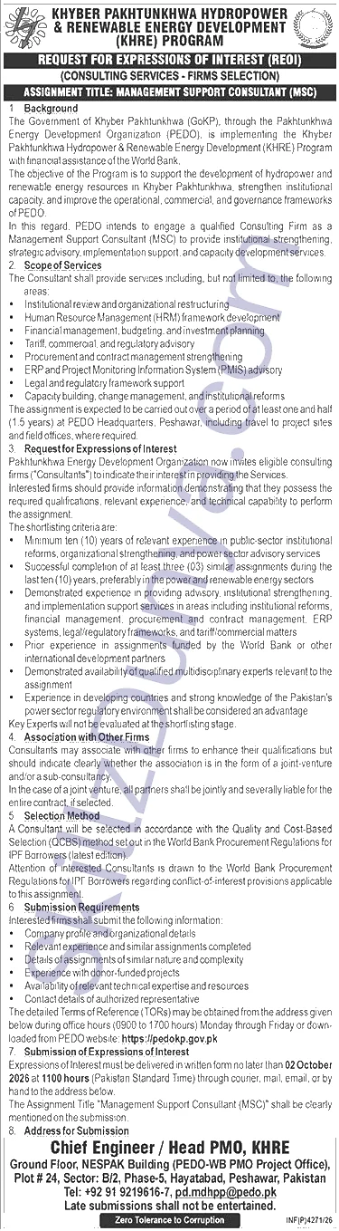 Kpk Hydropower Renewable Energy Development — KPK Hydropower & Renewable Energy Development Peshawar Jobs 2026 — Management Support Consultant (MSC) Pakistan