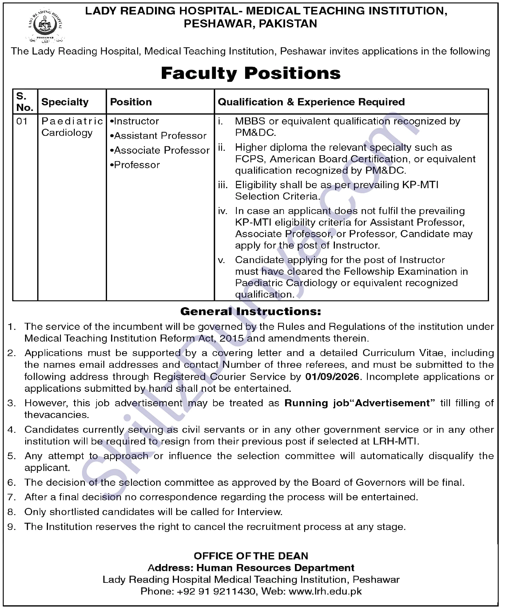 Lady Reading Hospital (LRH) Jobs 2026 — Professors, Instructor LRH-MTI Peshawar — Official Newspaper Advertisement | SkillzDunya