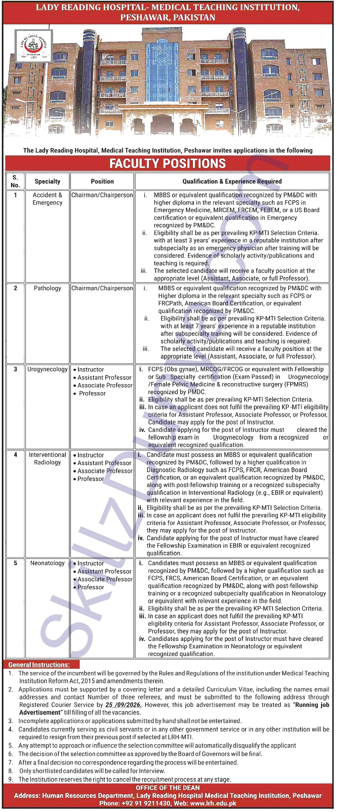 Lady Reading Hospital (LRH) Jobs 2026 — Faculty — Official Newspaper Advertisement | SkillzDunya