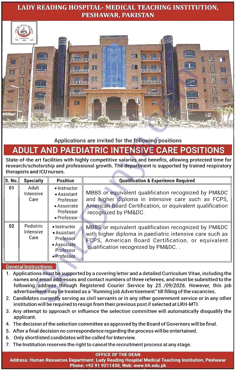Lady Reading Hospital (LRH) Jobs 2026 — Teaching Faculty — Official Newspaper Advertisement | SkillzDunya