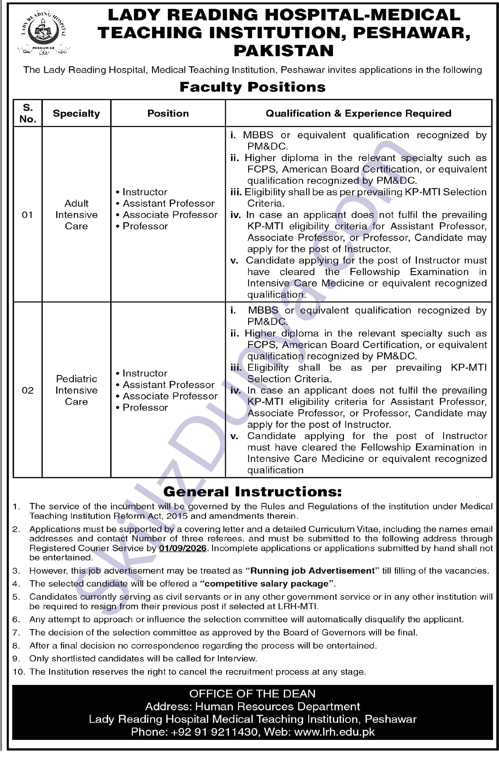Lady Reading Hospital (LRH) Jobs 2026 — Teaching Faculty — Official Newspaper Advertisement | SkillzDunya