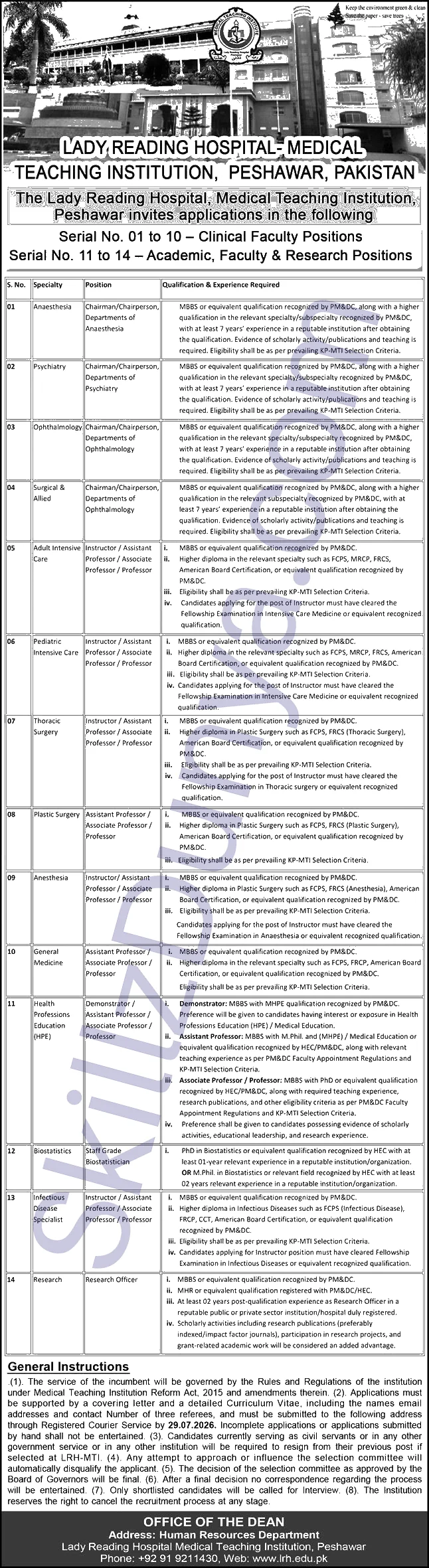 Lady Reading Hospital (LRH) Peshawar Jobs 2026 — Grade Biostatistician, Research Officer — Official Newspaper Advertisement | SkillzDunya