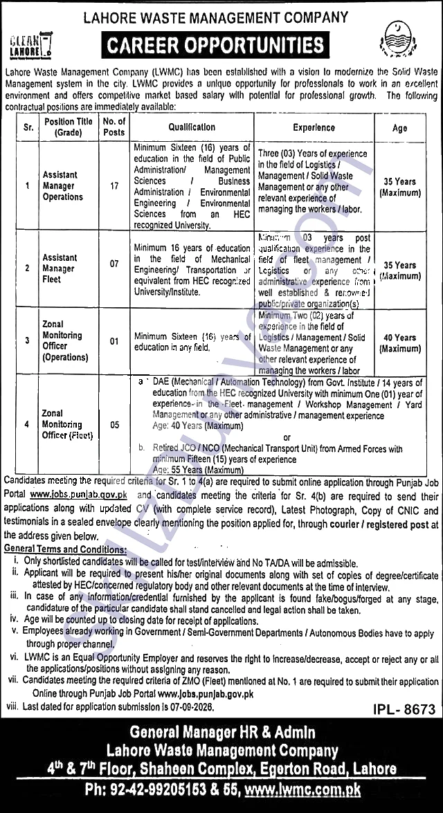 Lahore Waste Management Company (LWMC) Jobs 2026 — Assistant Manager Operations, Assistant Manager Fleet & 2 More Posts — Official Newspaper Advertisement | SkillzDunya
