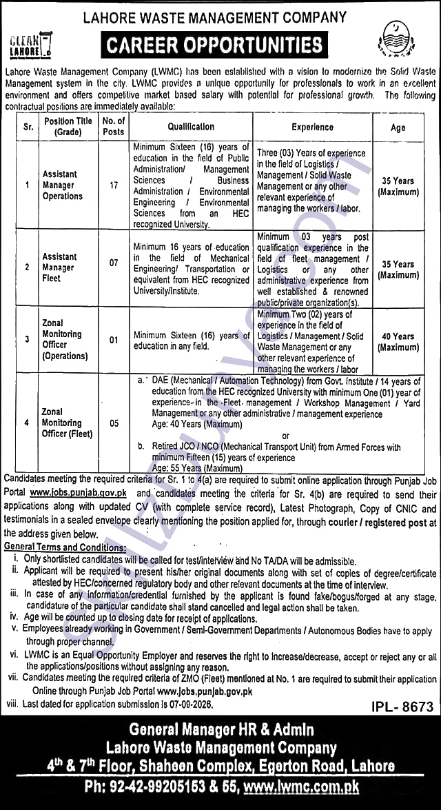 Lahore Waste Management Company (LWMC) Jobs 2026 — Assistant Managers, Monitoring Officers — Official Newspaper Advertisement | SkillzDunya