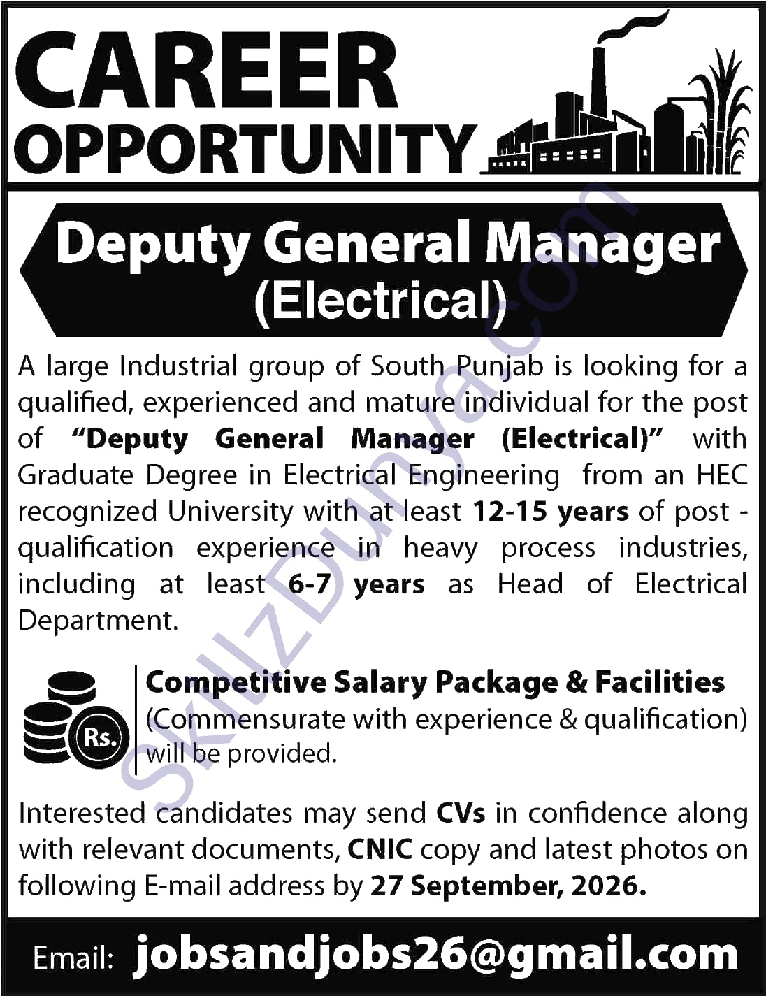 Large Industrial Group In South Punjab — Large Industrial Group of South Punjab Jobs 2026 — Deputy General Manager (Electrical) Pakistan