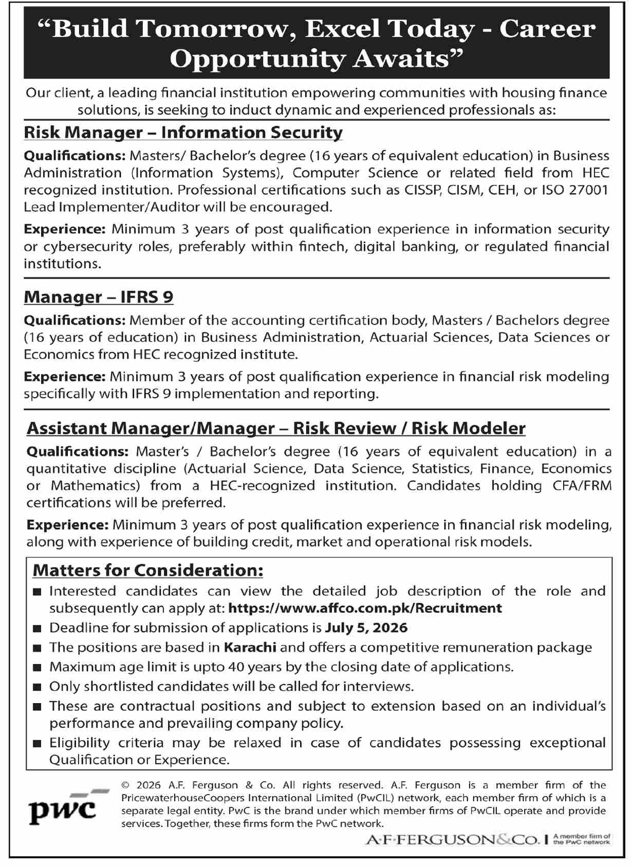 Leading Financial Institution — Leading Financial Institution Jobs 2026 — Risk Manager – Information Security, Manager – IFRS 9 Pakistan