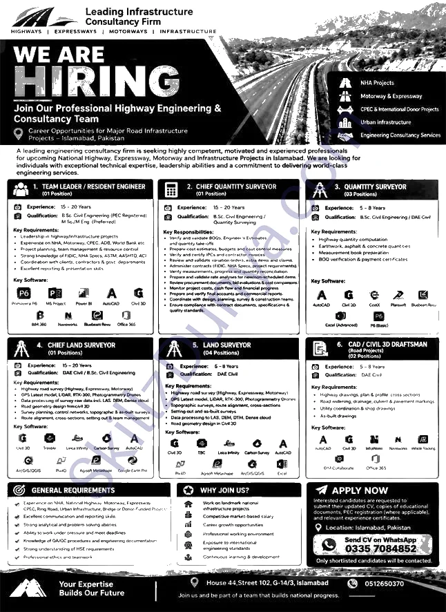 Leading Infrastructure Consultancy Firm Islamabad — Leading Infrastructure Consultancy Firm Islamabad Jobs 2026 — Land Surveyor, Quantity Surveyor & 4 More Posts Pakistan