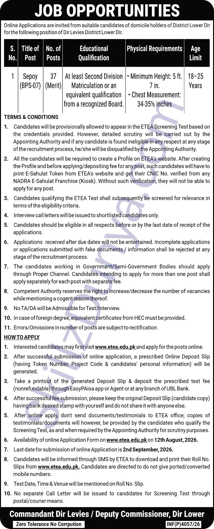 Levies Force Jobs 2026 — Sepoy District Lower Dir — Official Newspaper Advertisement | SkillzDunya