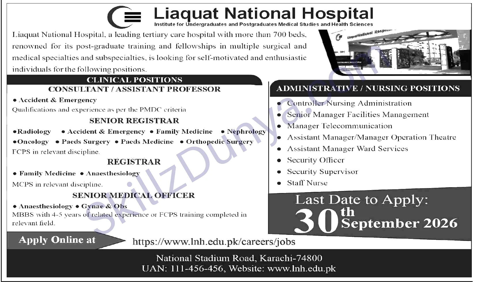 Liaquat National Hospital Karachi — Liaquat National Hospital Karachi Jobs 2026 — Consultant / Assistant Professor, Senior Registrar & 9 More Posts Pakistan