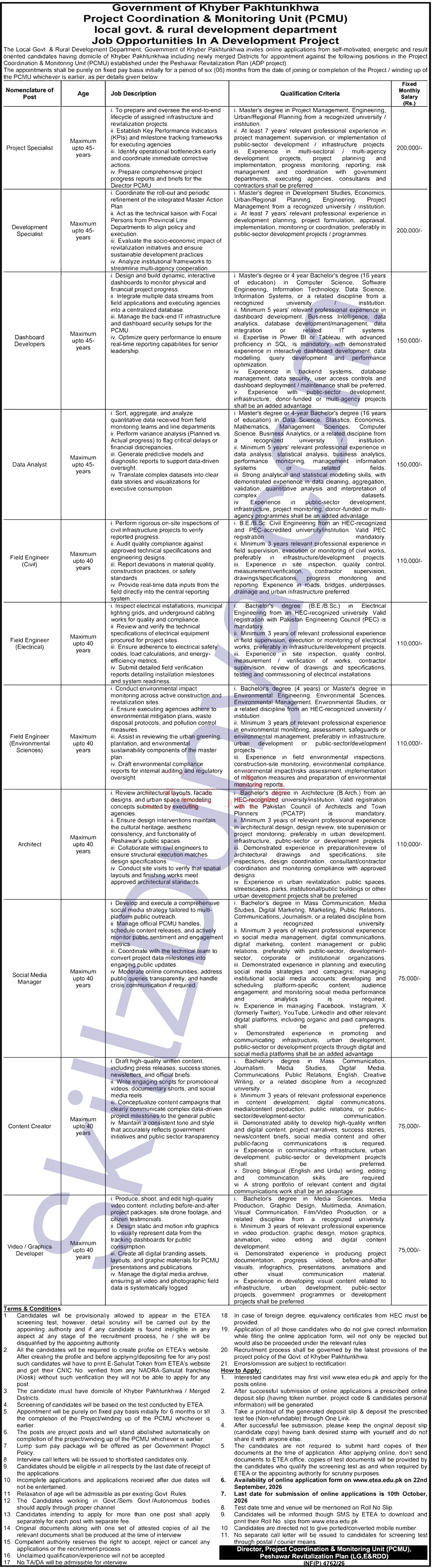 Local Government Department Peshawar Jobs 2026 — Project Specialist, Development Specialist & 9 More Posts — Official Newspaper Advertisement | SkillzDunya