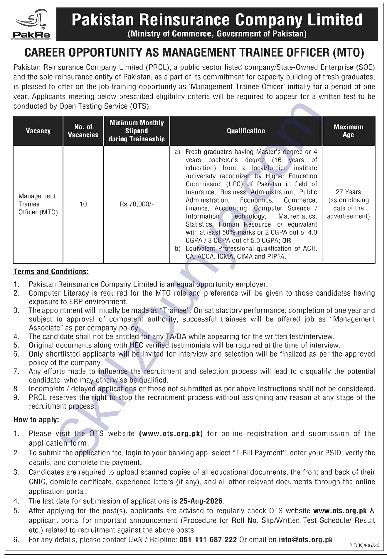 Management Trainee Officer Ots — Management Trainee Officer (OTS) Jobs 2026 Pakistan
