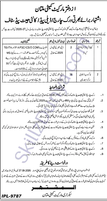 Market Committee Multan — Market Committee Multan Jobs 2026 — Computer Operator / Data Entry Operator, Khakrob / Sanitary Worker Pakistan