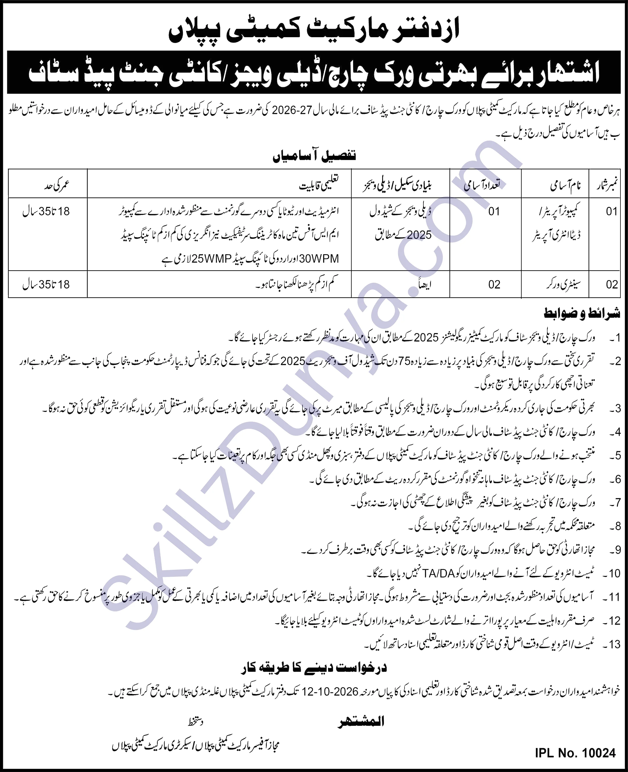 Market Committee Piplan Jobs 2026 — Sanitary Worker, Computer Operator / Data Entry Operator — Official Newspaper Advertisement | SkillzDunya