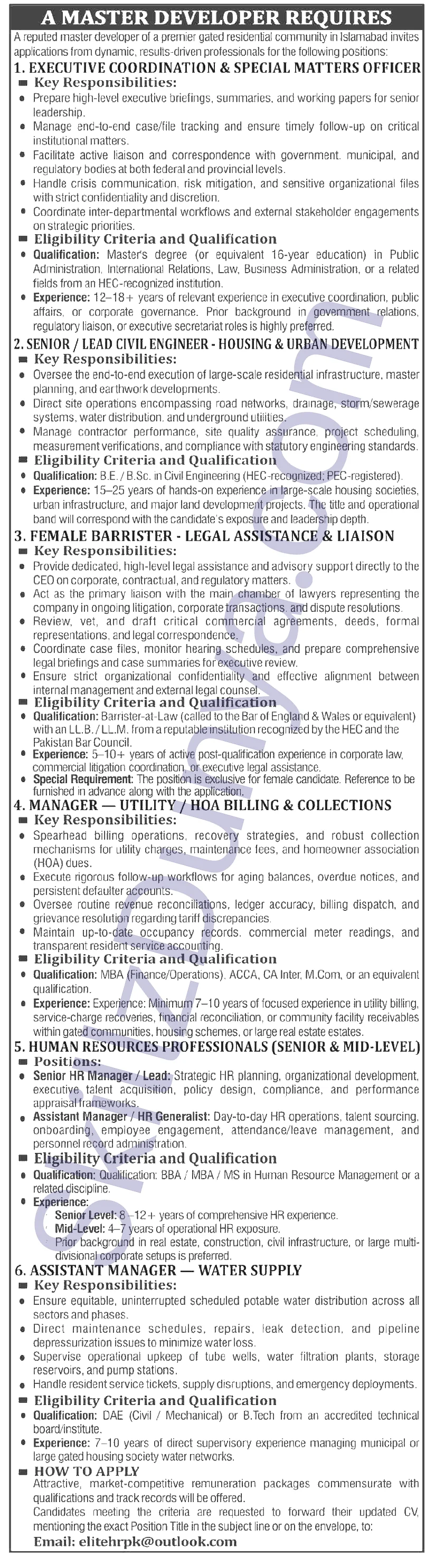 Master Developer Islamabad — Master Developer Islamabad Jobs 2026 — Senior HR Manager / Lead, Assistant Manager / HR Generalist, Assistant Manager — Water Supply Pakistan