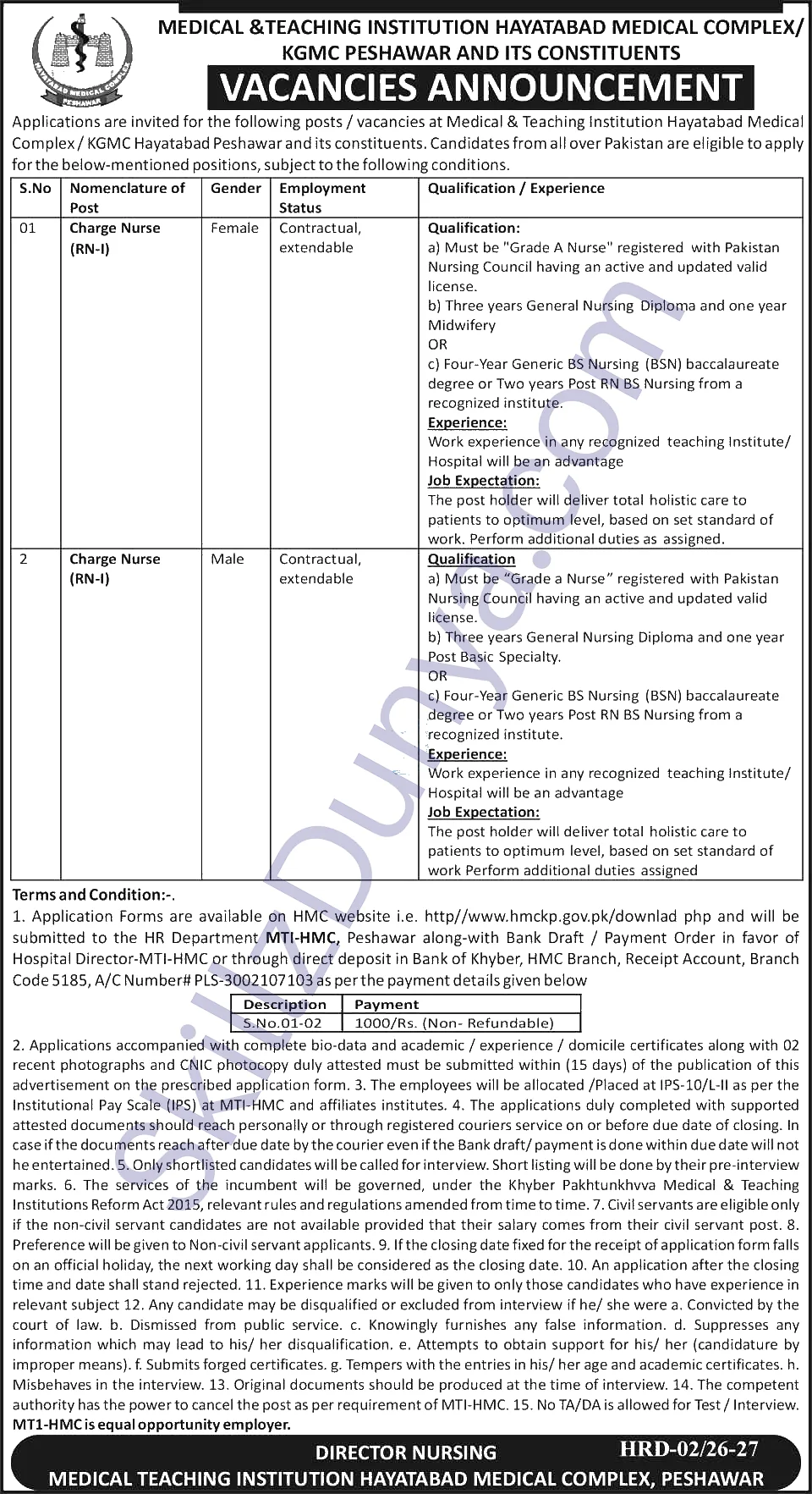 Official Department — Medical & Teaching Institution Hayatabad Medical Complex Jobs 2026 — Nurses (MTI-HMC), KGMC, its constituents Pakistan