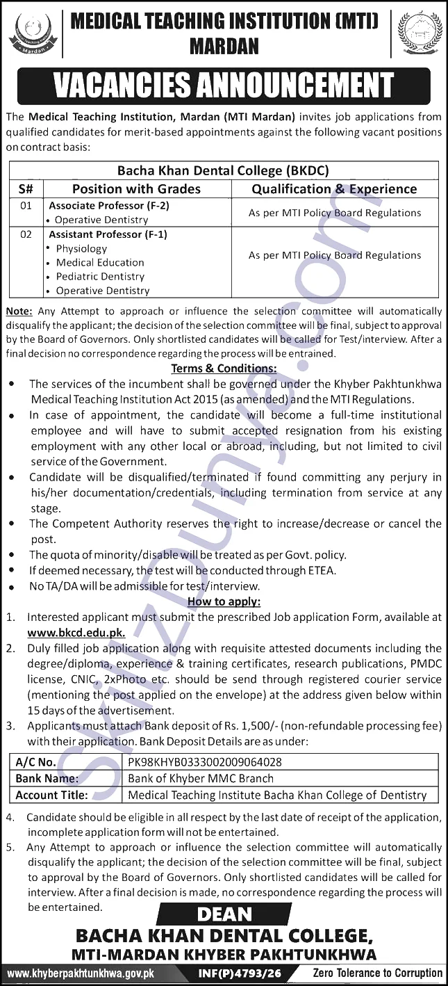 Medical Teaching Institution Mti Mardan — Medical Teaching Institution MTI Mardan Jobs 2026 — Associate Professor (F-2), Assistant Professor (F-1) Pakistan
