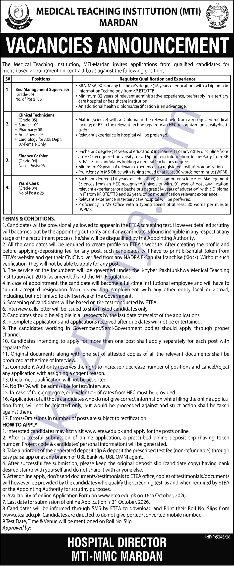 Medical Teaching Institution Mti Mardan — Medical Teaching Institution MTI Mardan Jobs 2026 — Ward Clerk, Clinical Technician (Surgical) & 4 More Posts Pakistan