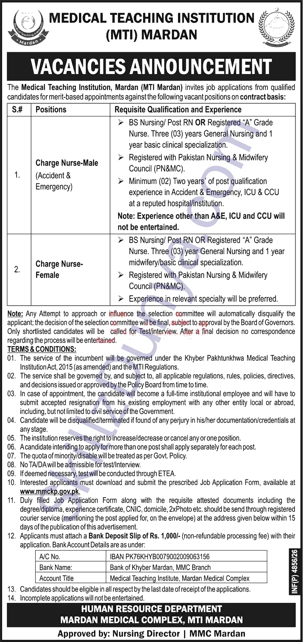 Medical Teaching Institution Mti Mardan — Medical Teaching Institution MTI Mardan Jobs 2026 — Charge Nurse-Male (Accident & Emergency), Charge Nurse-Female Pakistan