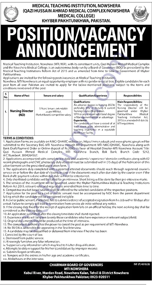 Medical Teaching Institution Nowshera — Medical Teaching Institution Nowshera Jobs 2026 — Nursing Director (ND) Pakistan