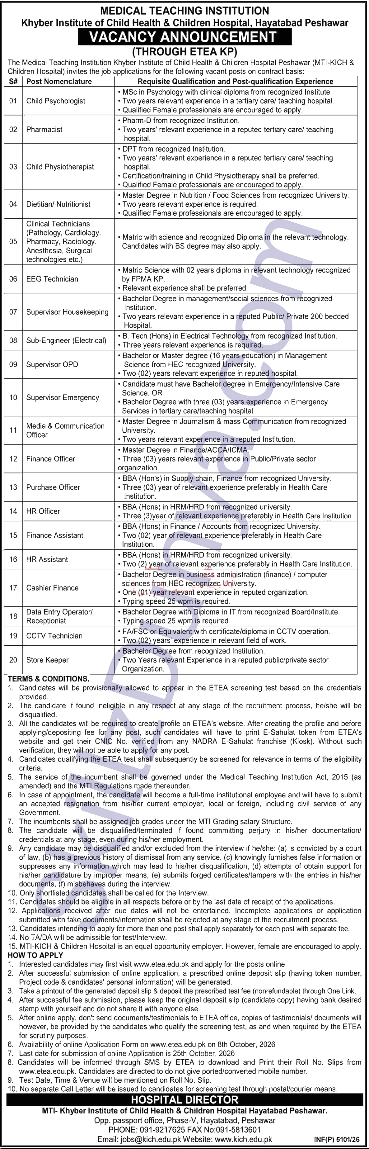 Medical Teaching Institution Khyber Institute Of Child Health Children Hospital Peshawar Mti Kich — Medical Teaching Institution Peshawar Jobs 2026 — Child Psychologist, Pharmacist & 17 More Posts Pakistan