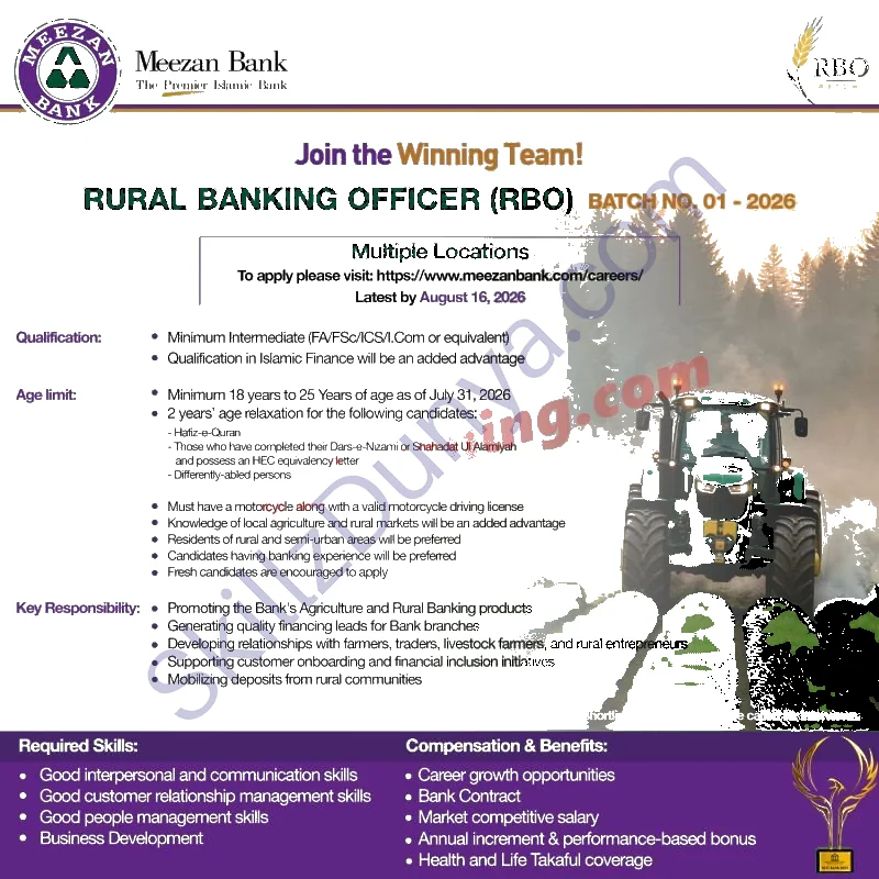 Meezan Bank Limited Jobs 2026 — Rural Banking Officer (RBO) Batch No. 01 — Official Newspaper Advertisement | SkillzDunya