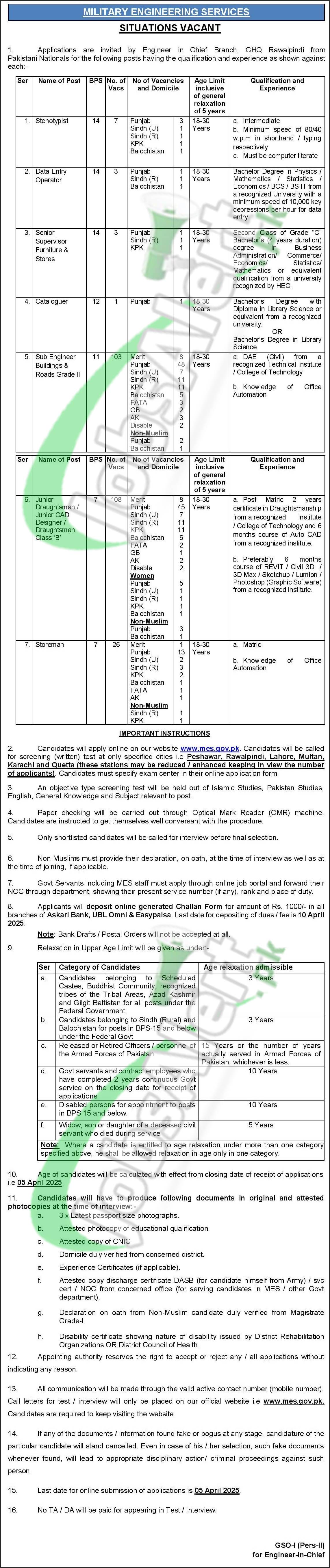 MES — Military Engineering Services MES Jobs 2026 Pakistan