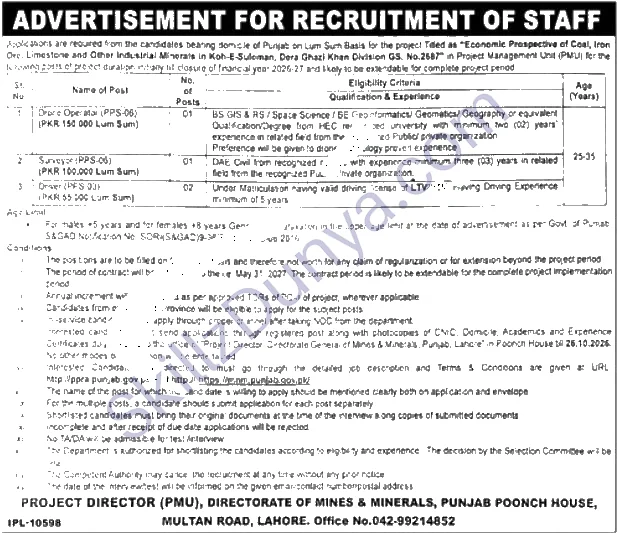 Mines Minerals Department Punjab — Mines & Minerals Department Lahore Jobs 2026 — Driver, Drone Operator, Surveyor Pakistan