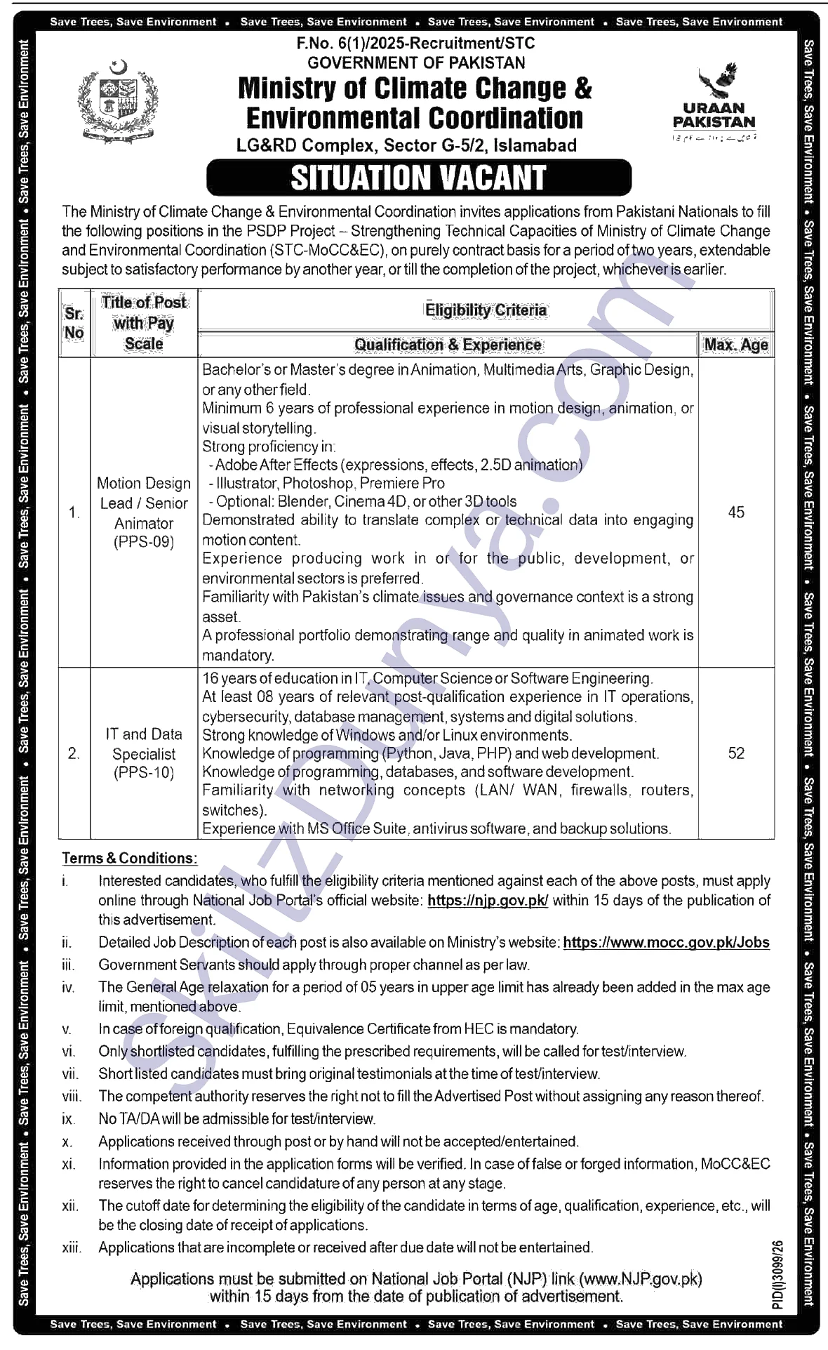 Ministry Of Climate Change And Environmental Coordination — Ministry of Climate Change and Environmental Coordination Islamabad Jobs 2026 — Motion Design Lead / Senior Animator, IT Data Specialist Pakistan