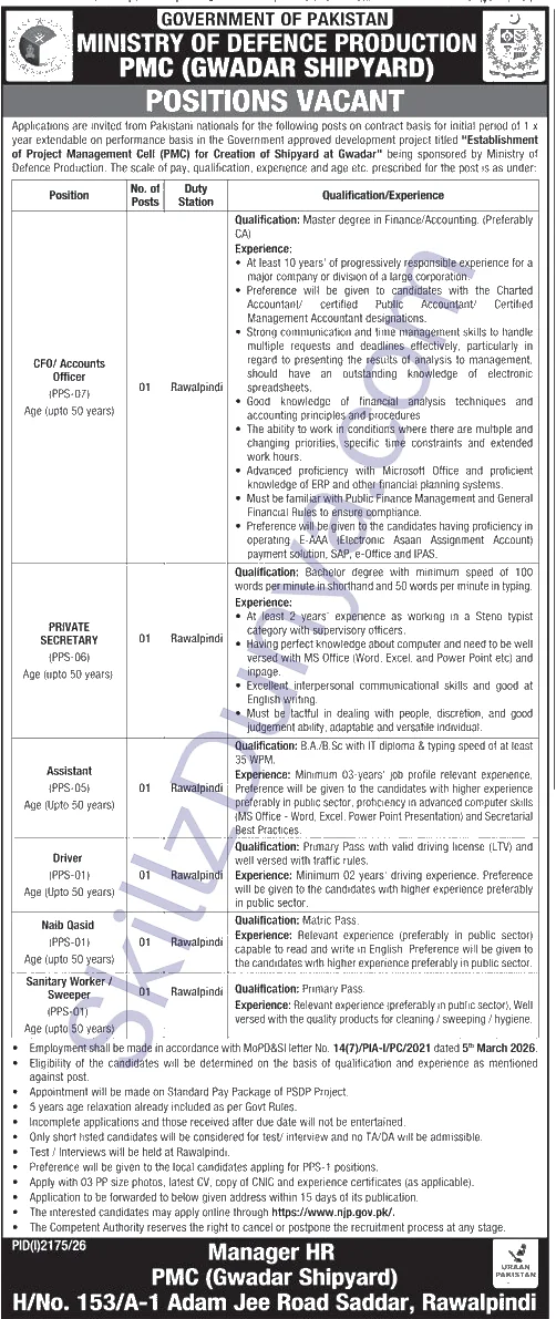 MOD — Ministry Of Defence (MOD) Rawalpindi Jobs 2026 — CFO/ Accounts Officer, PRIVATE SECRETARY & 4 More Posts Pakistan