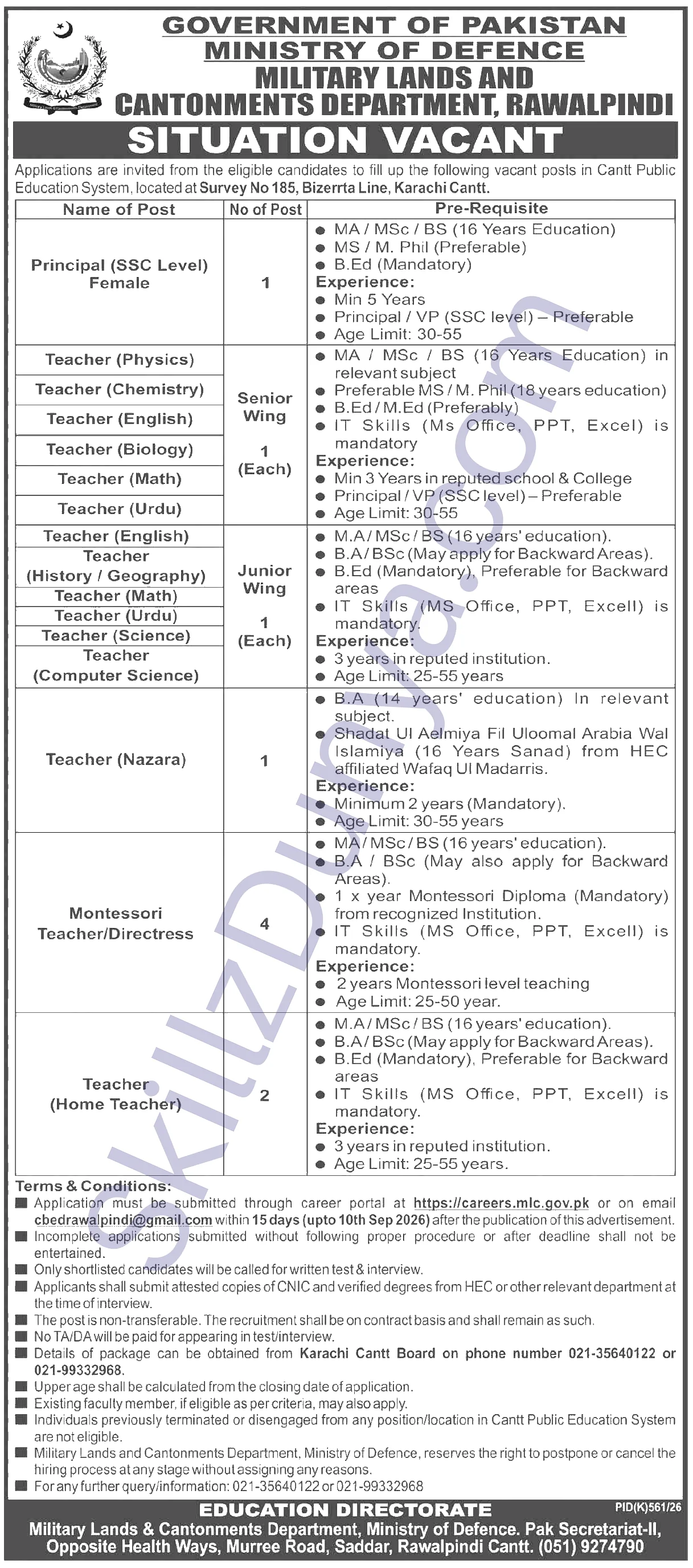 Ministry Of Defence (MOD) Jobs 2026 — Cantt Public Education System Karachi — Official Newspaper Advertisement | SkillzDunya
