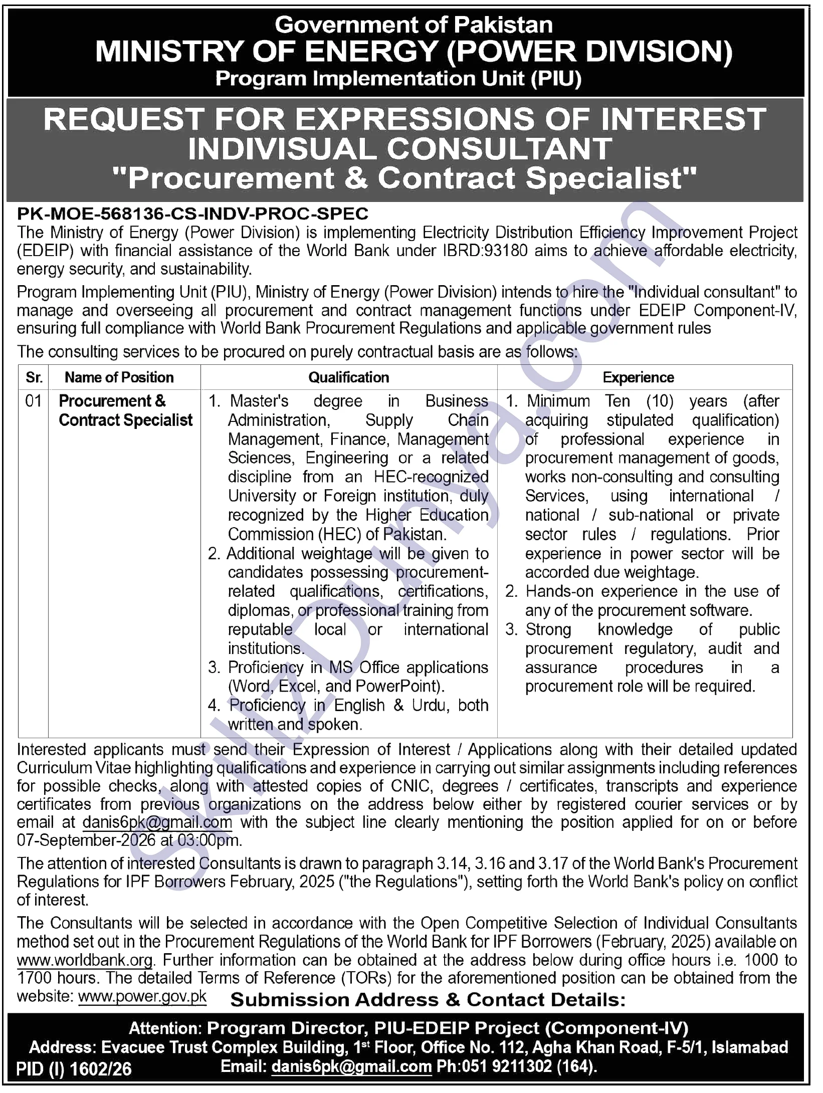 Ministry of Energy Power Division Jobs 2026 — Procurement, Contract Specialist — Official Newspaper Advertisement | SkillzDunya